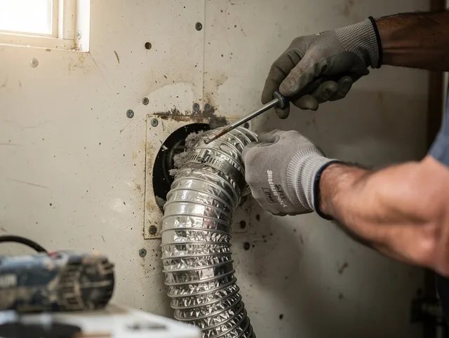 Millbury Dryer Vent Cleaning technician performing precise dryer vent hose installation in Millbury